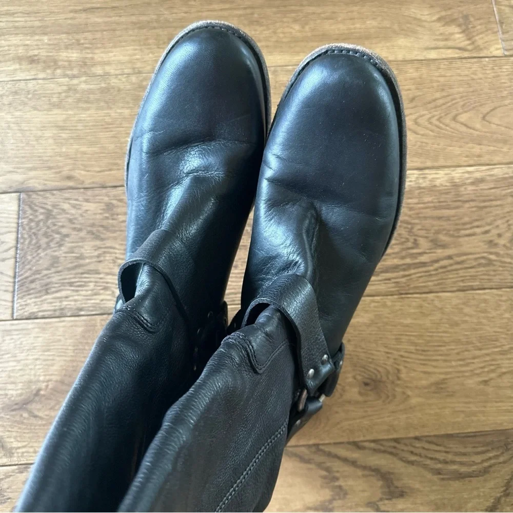 Frye Phillip Harness Tall Black Leather Boots Sz 10